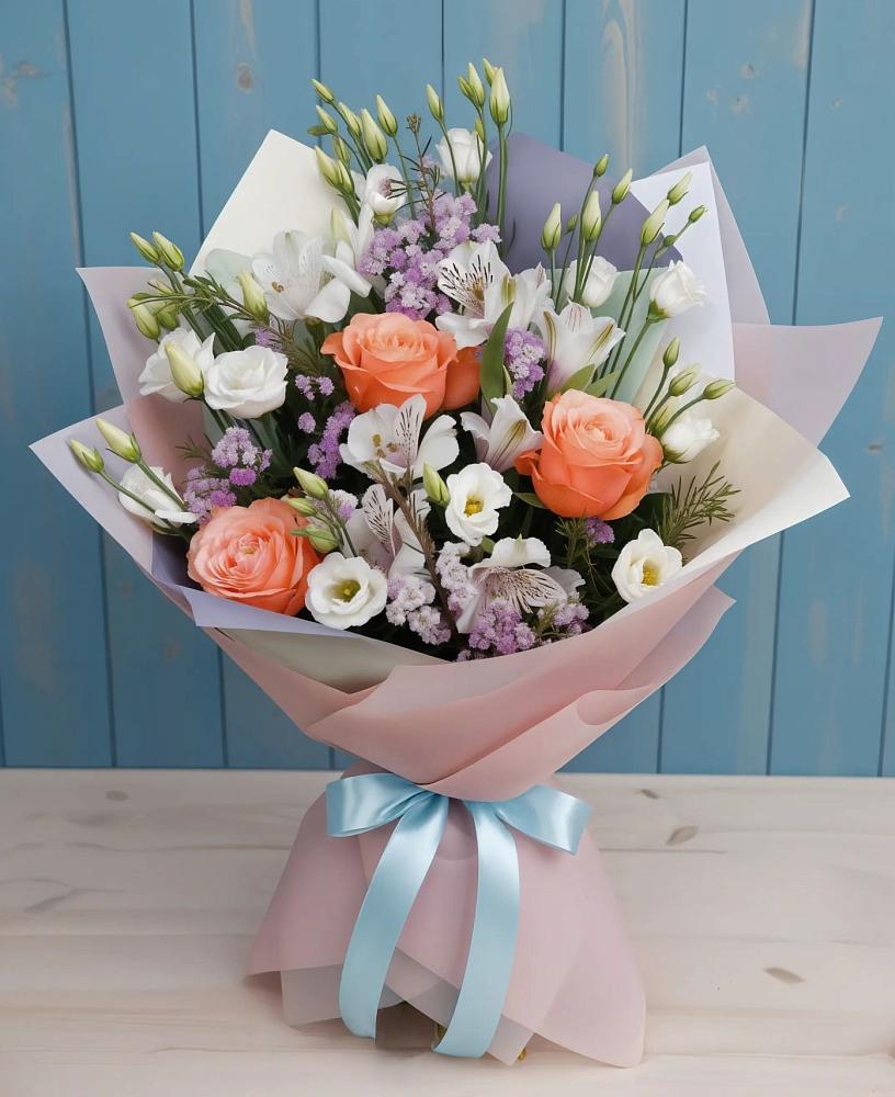 Букет цветов из: Лизиантусы, Розы, Альстромерии и Гипсофила в Полысаево