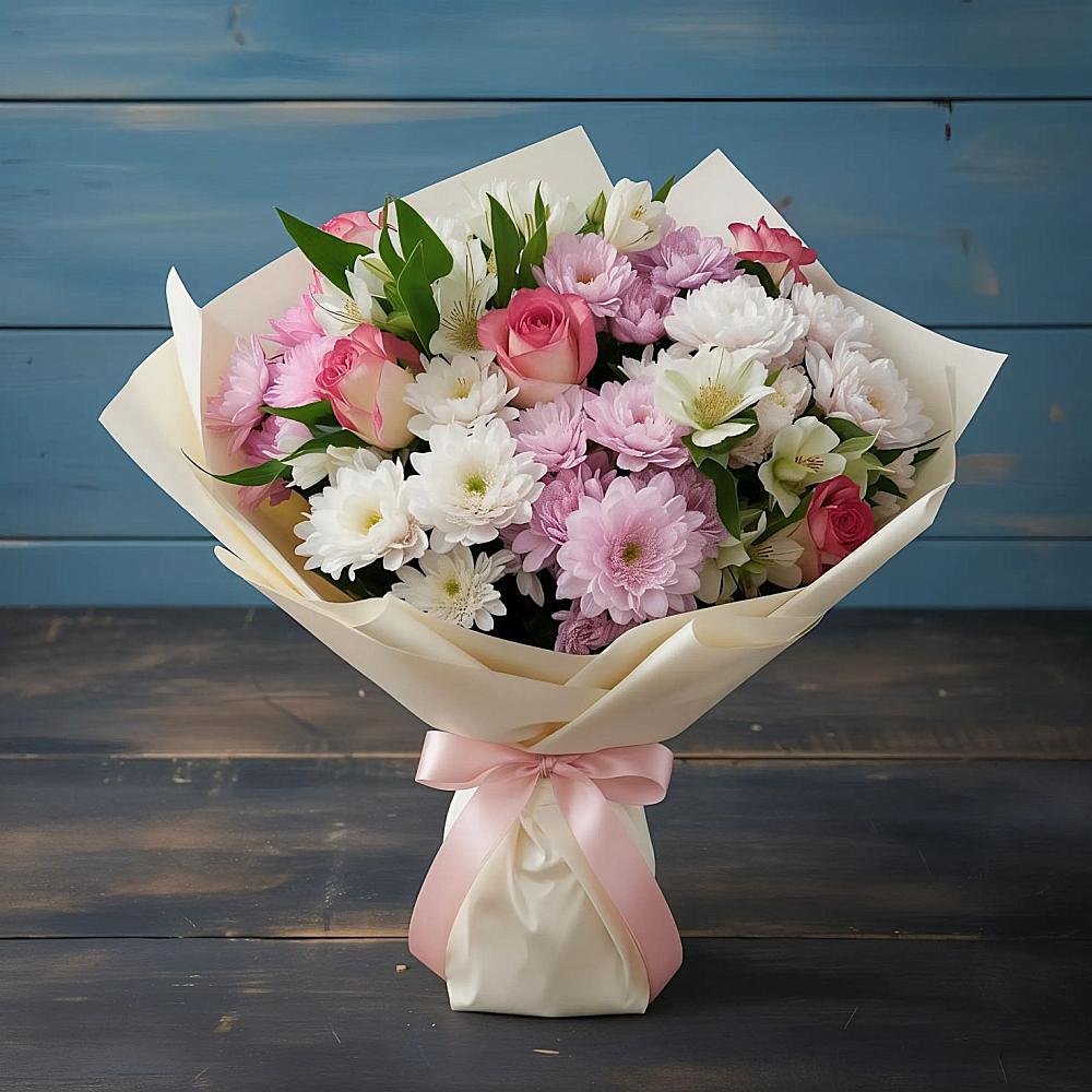 Букет цветов из: Хризантемы, Альстромерии и Розы в Полысаево